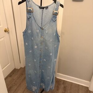 Vtg Agapo Denim Jumper Dress Med Floral Cottage Grannycore Buckle Strap Prairie